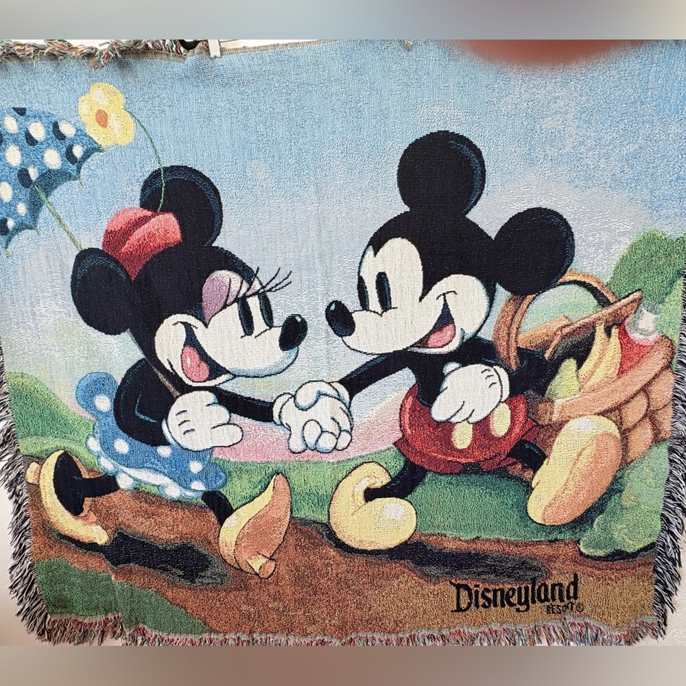 Vintage 90s Disney Resort Mickey Minnie Mouse Tapestry Woven Throw Blanket